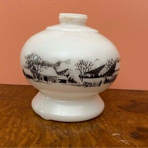 Vintage Currier And Ives Milk Glass Oil Lamp Base Only-  Farm Horses Barn House